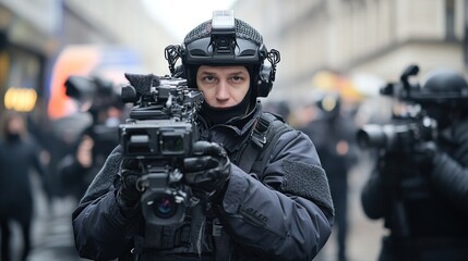 A police officer in full gear with a camera looking directly at the viewer.