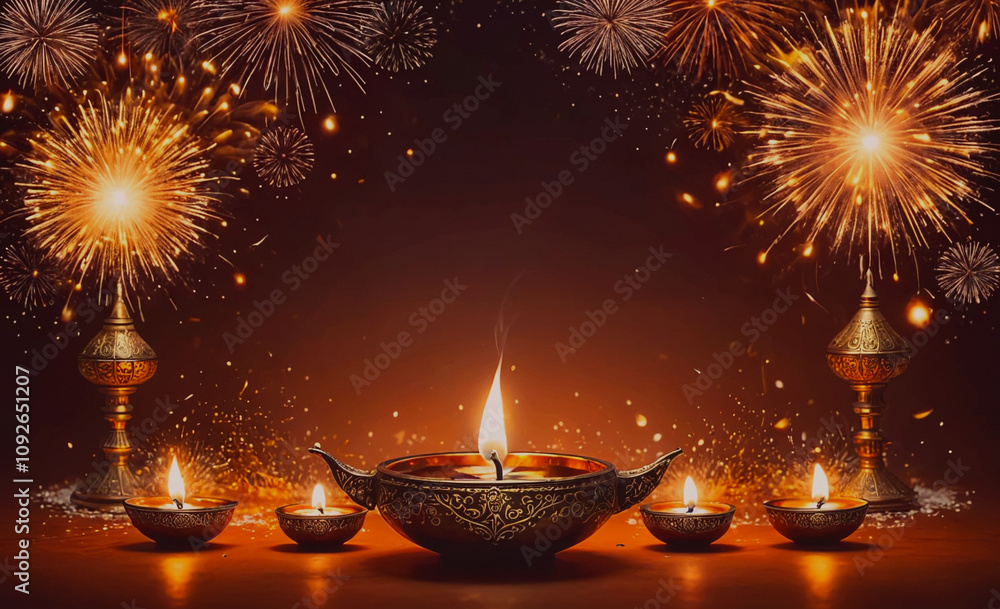 Poster lit candle is in a bowl with other candles. the bowl is on a table. there are many fireworks in the 