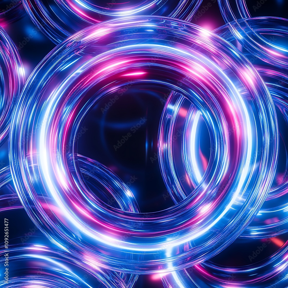 Poster abstract futuristic background with glowing rings in neon colors creating a dynamic visual effect, p