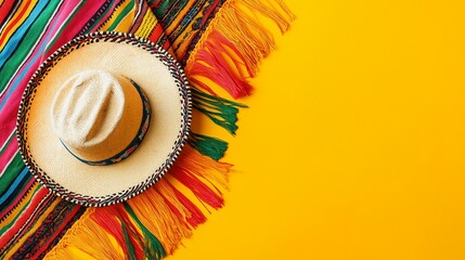 Colorful Mexican sombrero and vibrant serape blanket on a bright yellow background.
