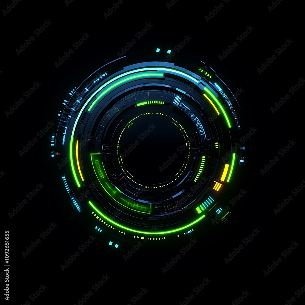 Poster abstract futuristic circular design with glowing lines and digital elements over a dark background, 