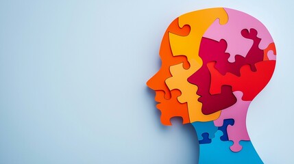 Colorful human head silhouette made of interlocking puzzle pieces on a light blue background.