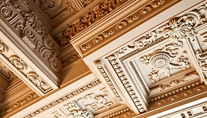 A close-up shot of Baroque ceiling moldings and cornices, focusing on the elaborate carvings and intricate patterns.	