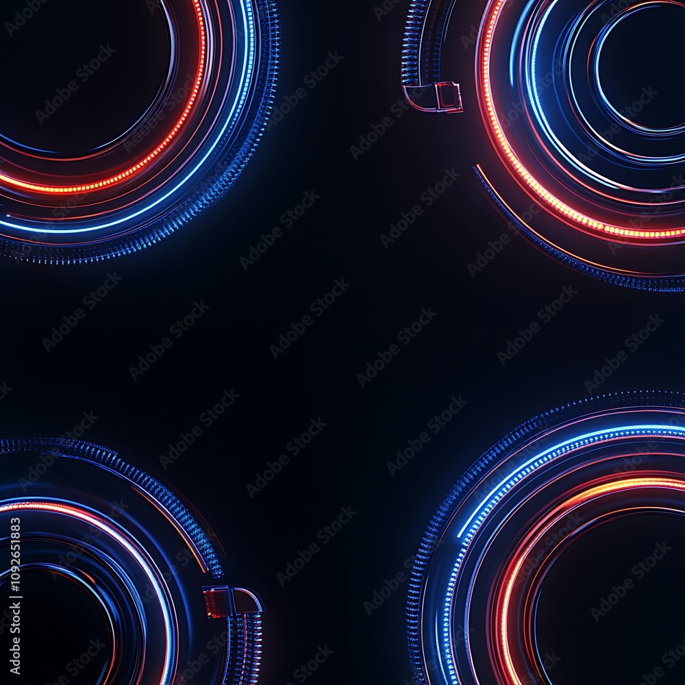 Poster abstract futuristic circular pattern with glowing neon lights in a dark background for technology an