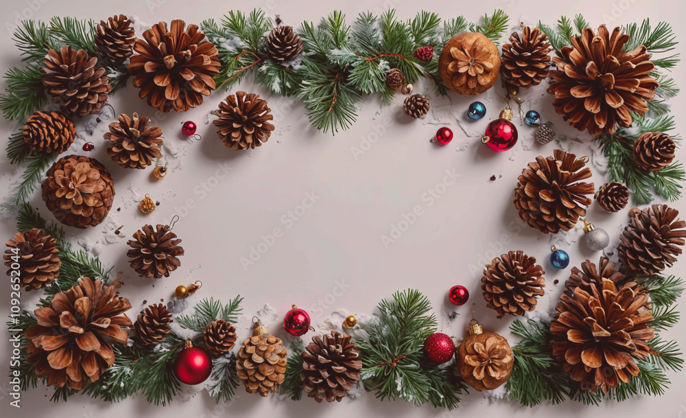 Poster christmas wreath with pine cones and ornaments. the pine cones are in various sizes and colors