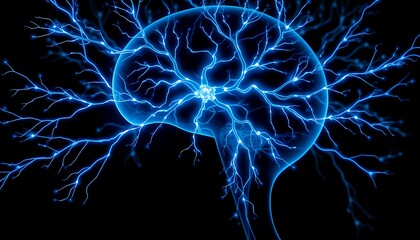 Stylized human head in profile view, with neural pathways glowing in blue and white, branching outward in all directions.	