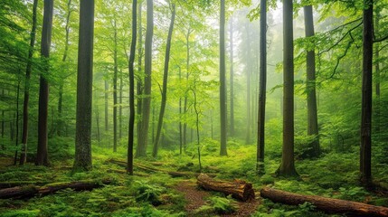 Fototapeta premium Lush green forest with tall trees and soft mist, creating a serene natural atmosphere.