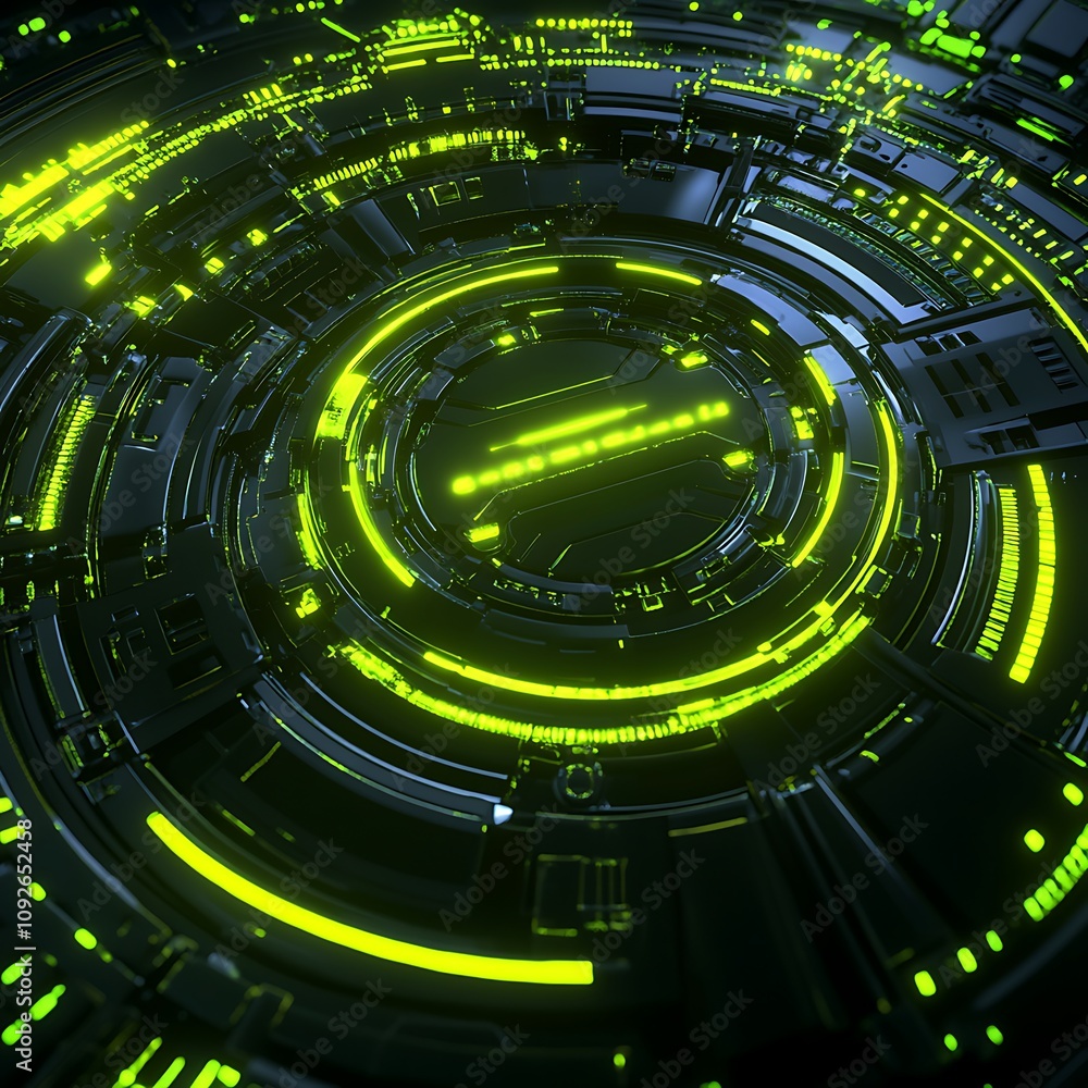 Poster abstract futuristic digital background featuring glowing green lines and circular patterns in a high