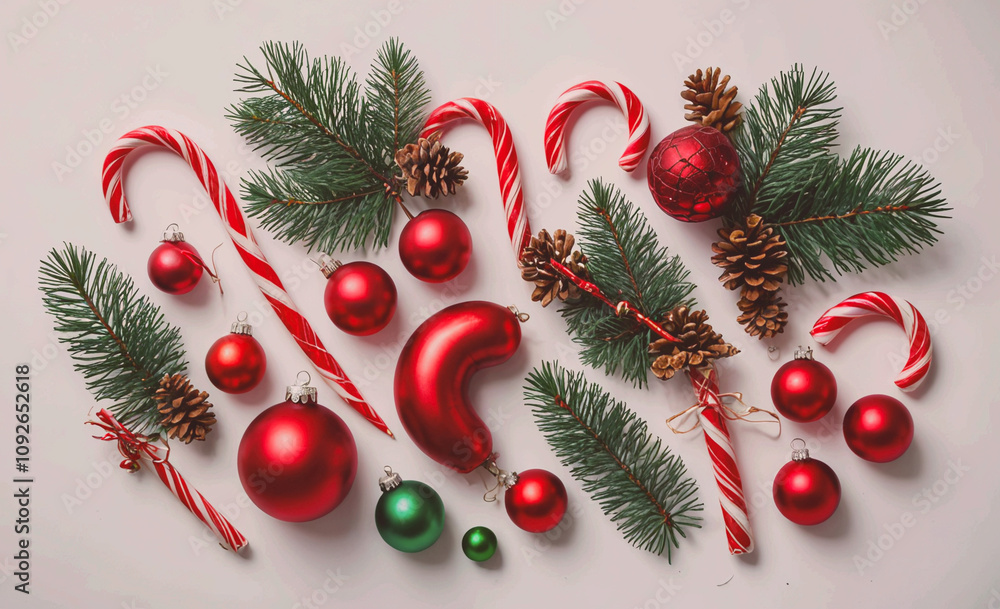 Poster bunch of red and green christmas ornaments are on a white background. there are many different shape