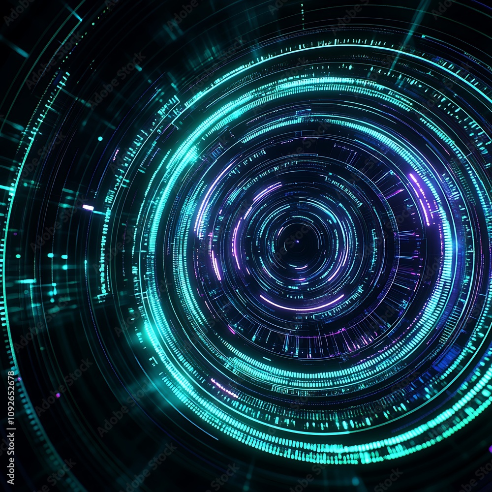 Poster abstract futuristic digital background with glowing circular patterns and vibrant light effects, sho