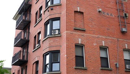 Obraz premium The classic brickwork of an older apartment building, with its sturdy, timeless architecture and character. 