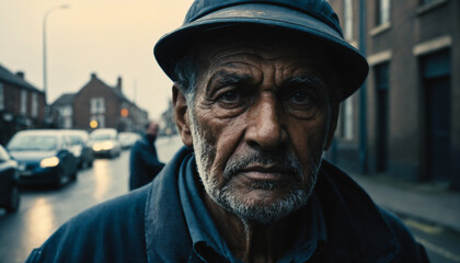 close up of an old street cleaner man in a moody light, looks like a movie