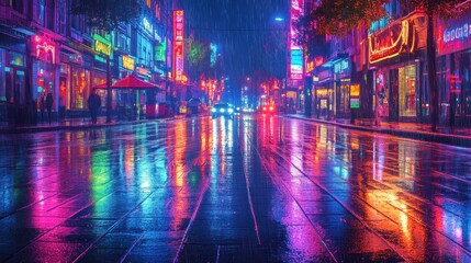 Obraz premium A vibrant, rainy street scene illuminated by colorful neon lights reflecting on wet pavement.