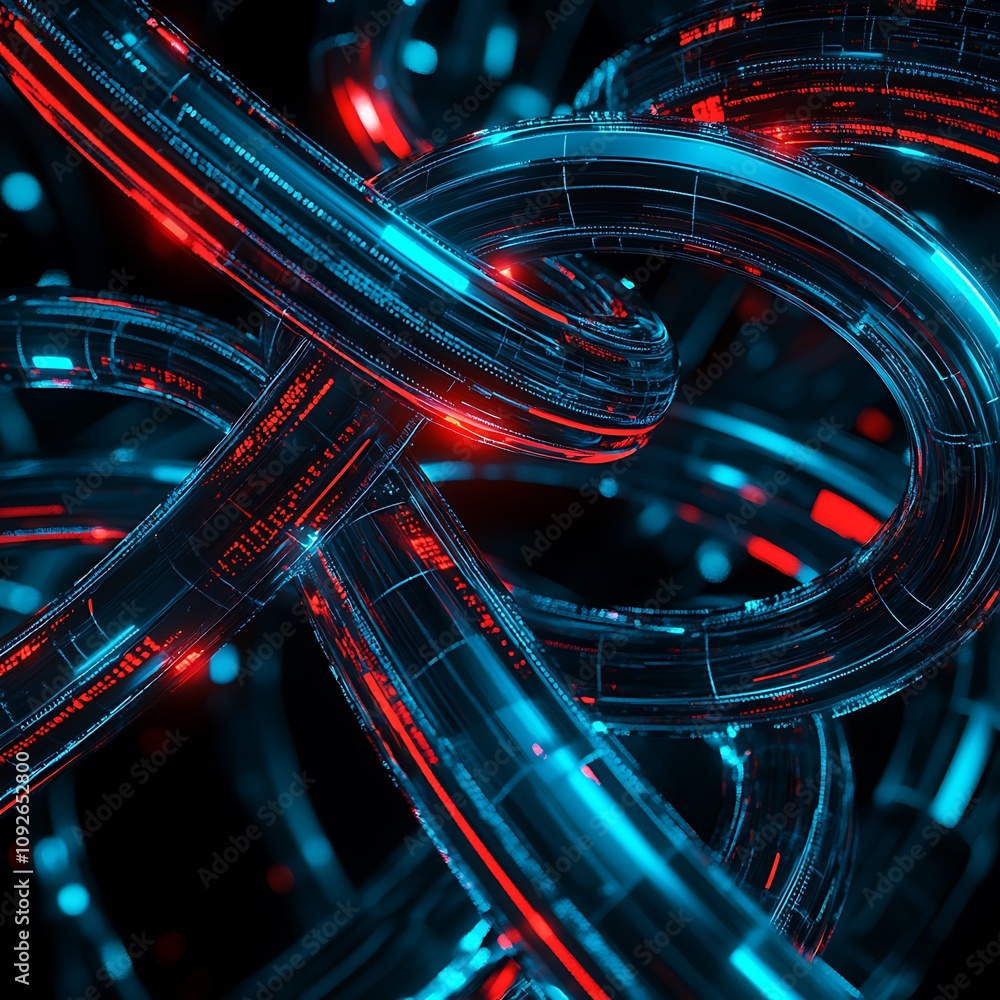Poster abstract futuristic digital background with glowing red and blue lines intertwined in a complex patt