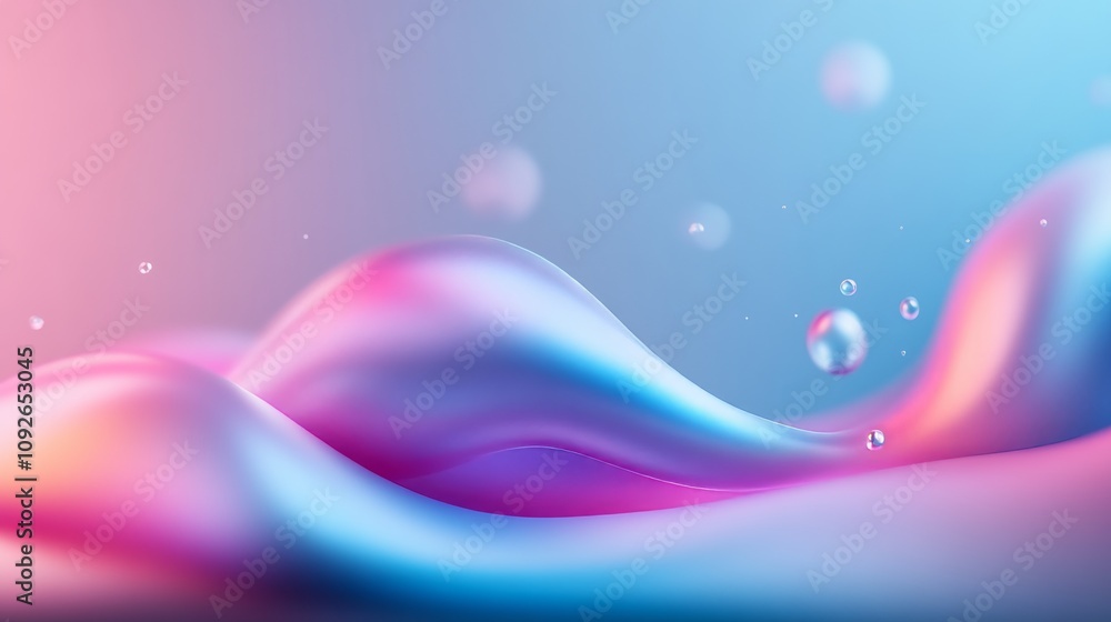 Poster abstract flowing waves in soft pink and blue tones with water droplets on a smooth surface for backg