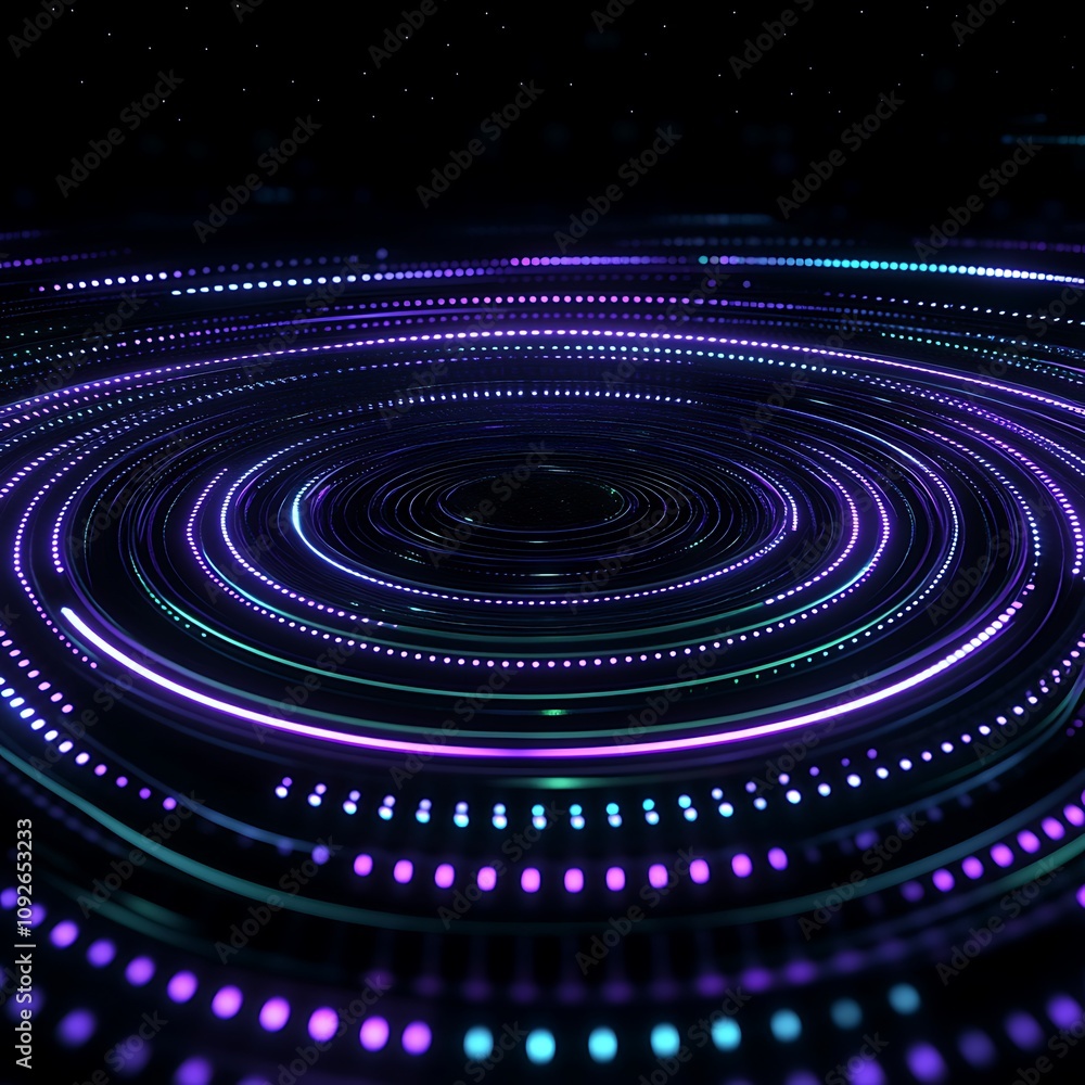 Poster abstract futuristic light tunnel with vibrant purple and blue glowing circles creating a mesmerizing
