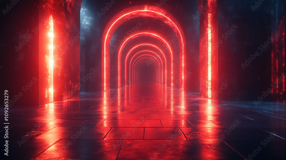 Poster mysterious corridor illuminated by glowing red arches reflecting on wet stone floor at night. genera