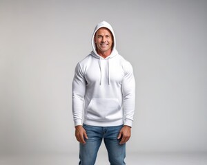 Muscular man wearing white hoodie and jeans isolated on grey background