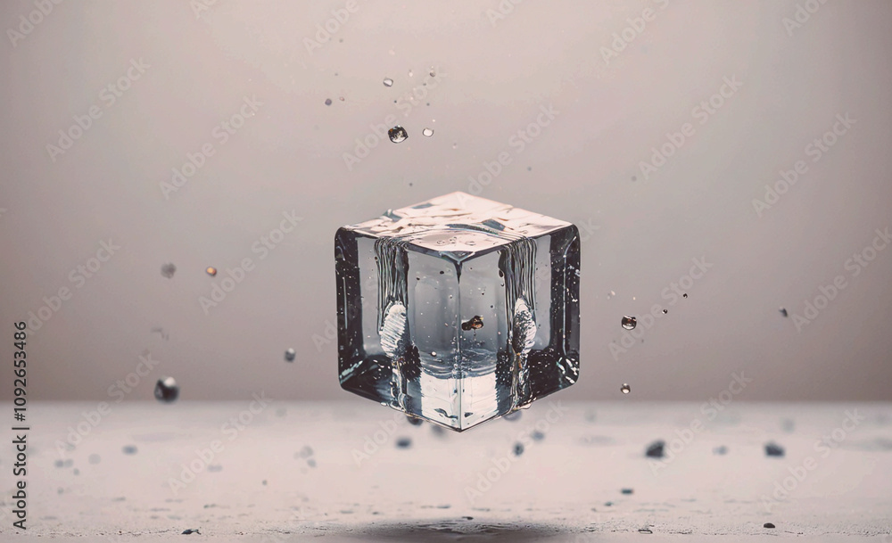 Poster Cube made of ice is floating in the air. The cube is surrounded by water droplets