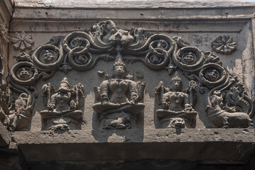 An ancient stone sculpture at Bhuleshwar temple, 13th century hindu temple of Lord Shiva, carved in black basalt stone, built by Panch Pandava, Pune, Maharashtra, India, Asia.