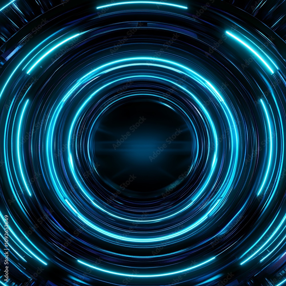 Poster abstract futuristic tunnel with glowing blue circular lines and light beams creating a sense of dept