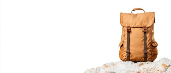 A stylish brown backpack resting on a rock against a white background.