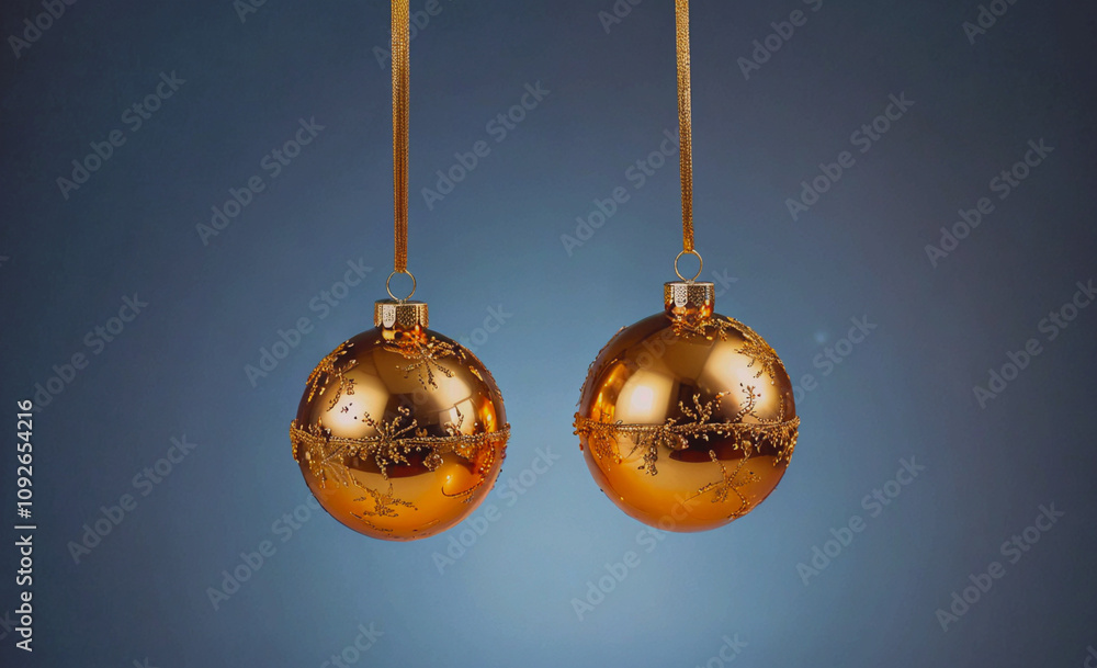 Poster Two gold ornaments hanging from a string. One is on the left and the other is on the right