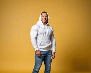 Muscular man wearing white hoodie and jeans isolated on yellow background