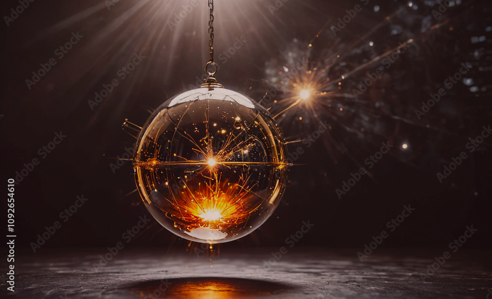 Poster Glass ball with a chain hanging from it. The ball is illuminated by a light source, creating a sparkling effect. The chain is made of metal