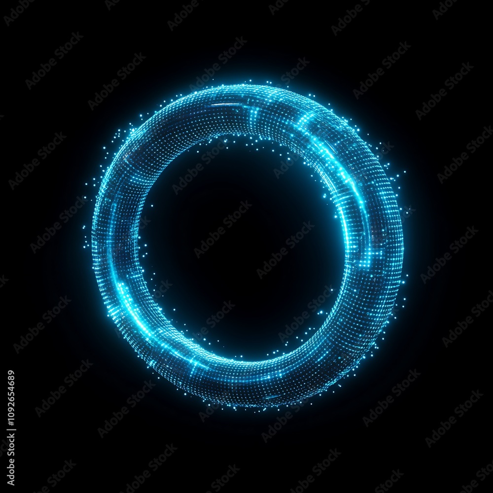 Poster abstract glowing digital circle made of blue particles and light effects representing technology, da