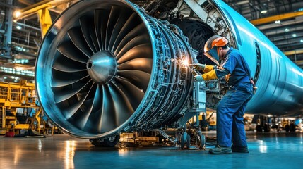 Skilled Technician Performing Precision Maintenance on Aircraft Engine in Modern Aviation Facility with Detailed Focus on Turbine Components and Innovative Technology
