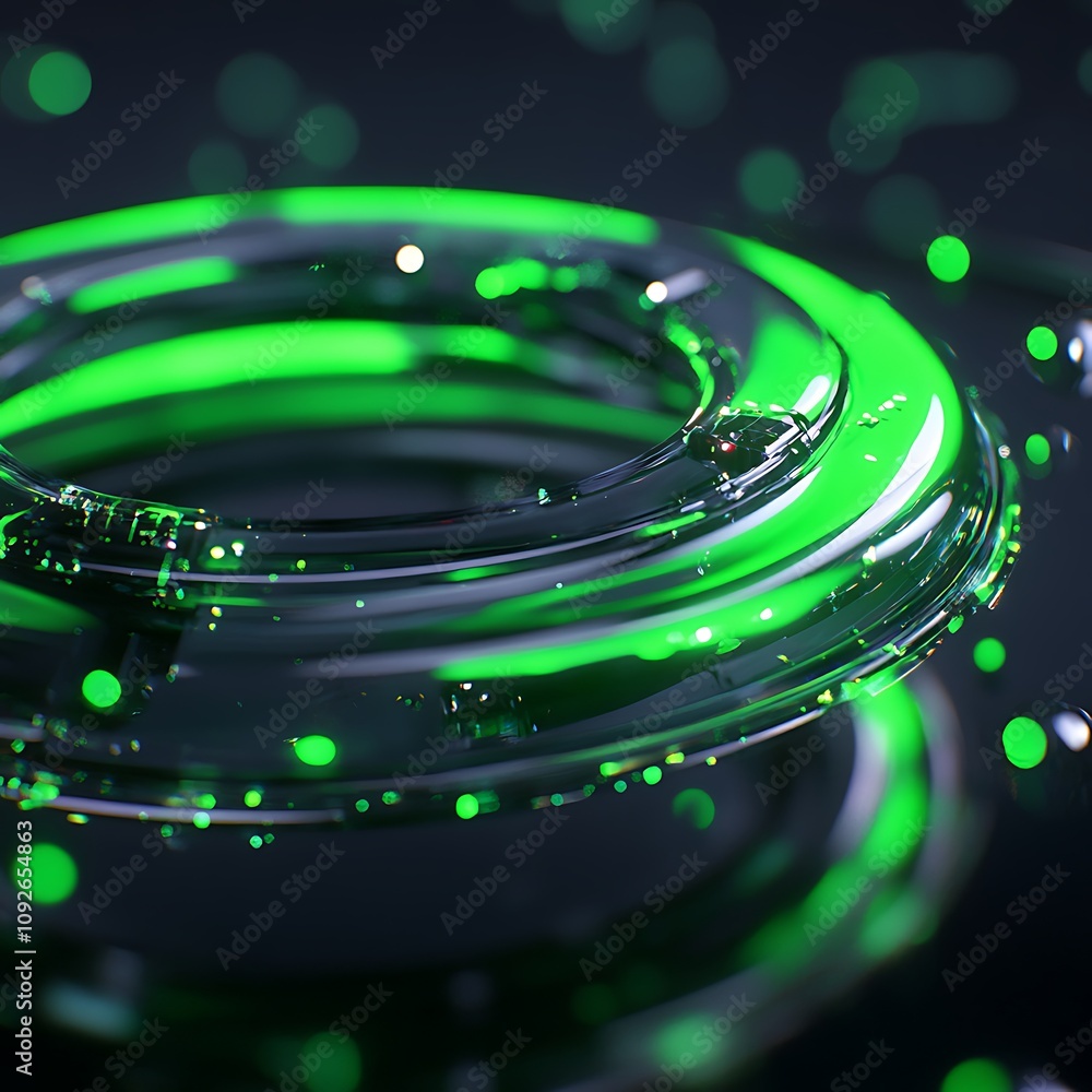 Poster abstract glowing green rings with sparkling particles on a dark background, creating a dynamic and c