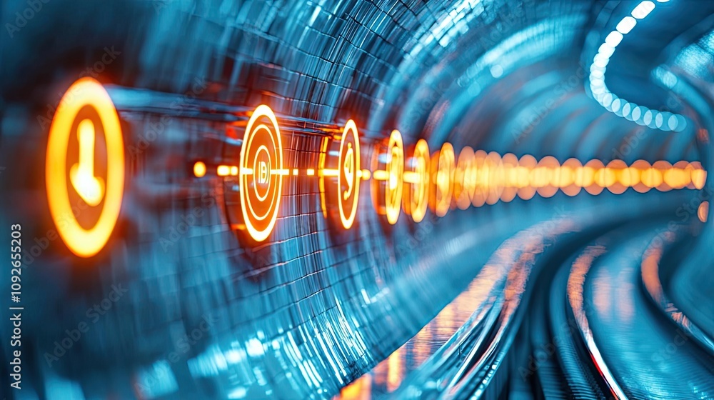 Poster futuristic tunnel with glowing patterns and lights, abstract digital design