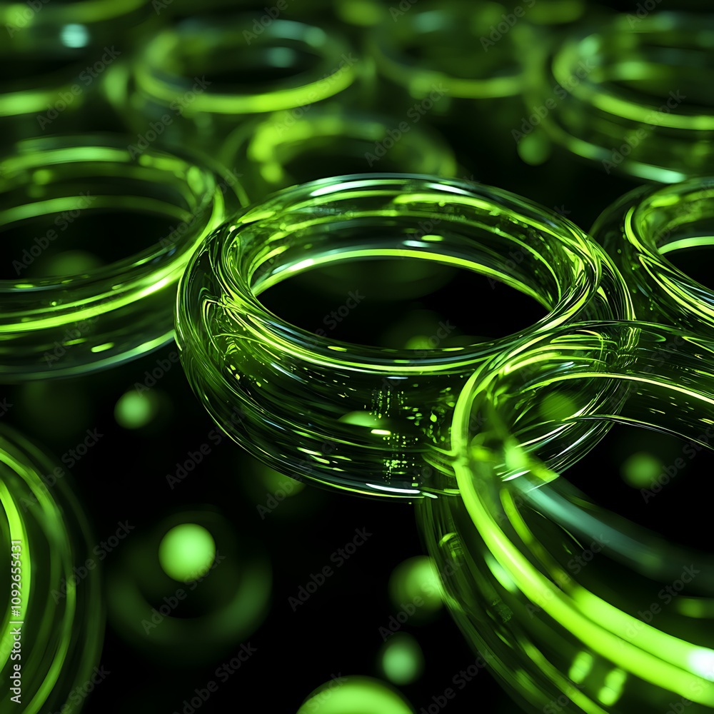 Poster abstract green glass circles with light reflections floating in a dark background, creating a mystic