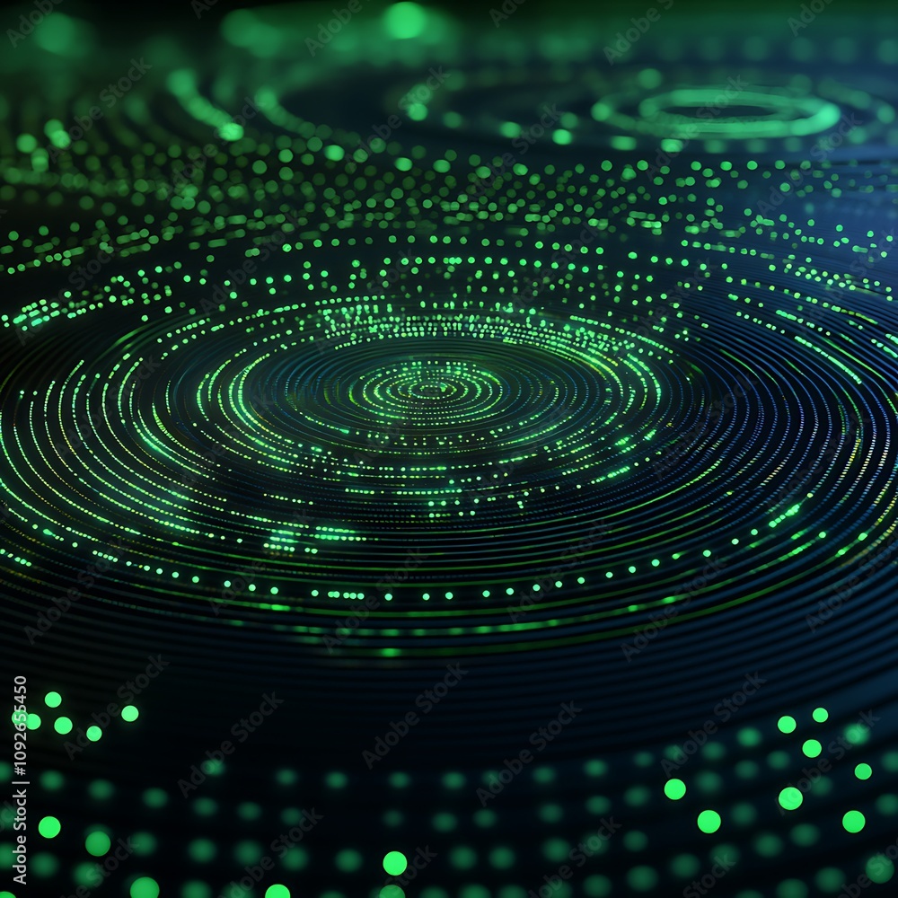 Poster abstract green glowing spiral patterns on a dark background, showcasing dynamic lines and bright dot