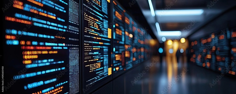 Poster technological data screens in a modern environment, showcasing information display.