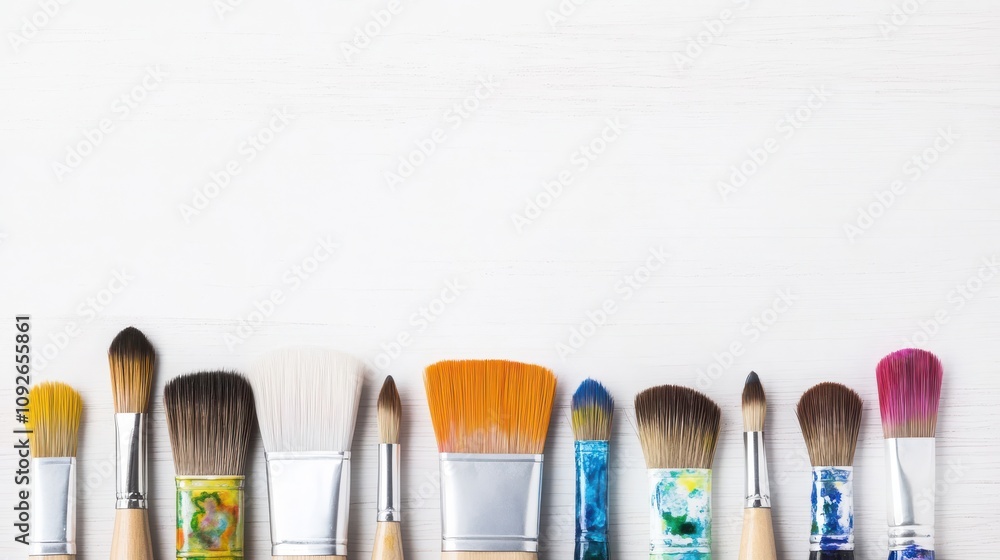 Aufkleber a colorful array of paintbrushes arranged neatly on a white background, showcasing various brush typ