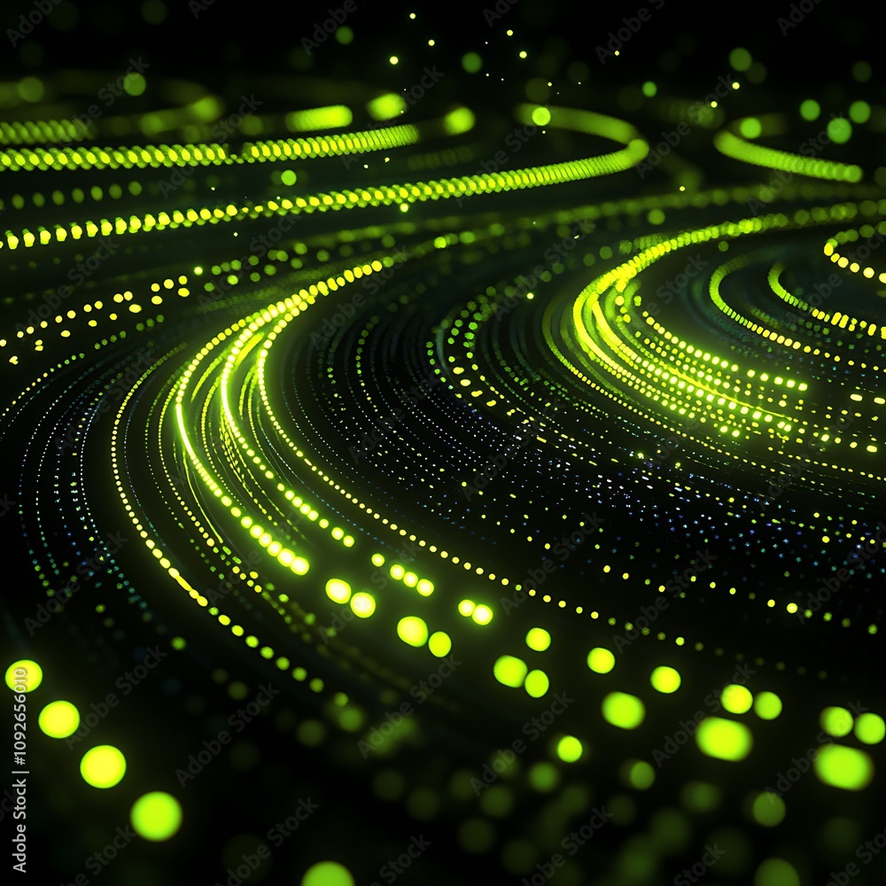 Poster abstract green light waves with glowing particles capturing the essence of digital motion and energy