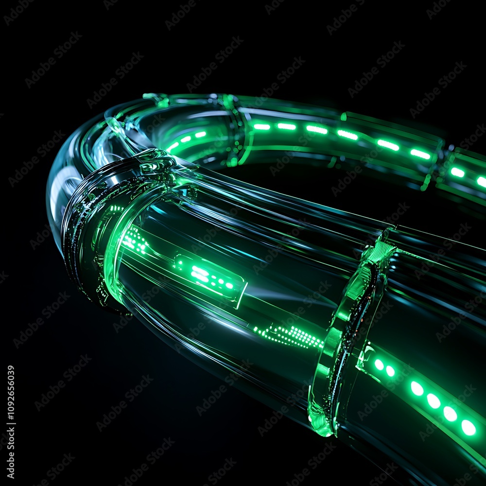Poster abstract green neon light tube with glossy surface and reflections, creating a futuristic and high-t