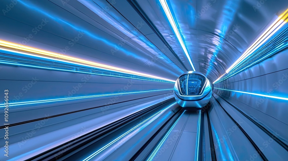 Poster futuristic tunnel with blue and yellow light streaks creating a dynamic visual effect.