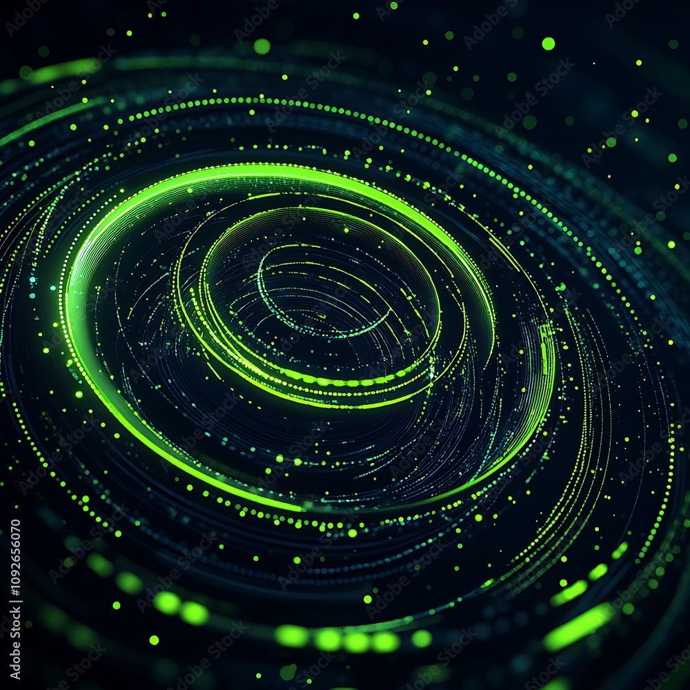 Aufkleber abstract green particleswirl with glowing circular patterns, digital background for technology, scie