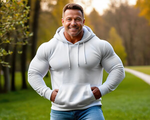 Muscular man wearing white hoodie and jeans standing in nature