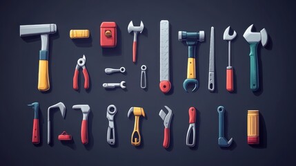 High-detail 3D vector cartoon icons of a set of tools: planer, saw, pliers, screwdriver, vise, drill, hammer, and adjustable wrench, bright design