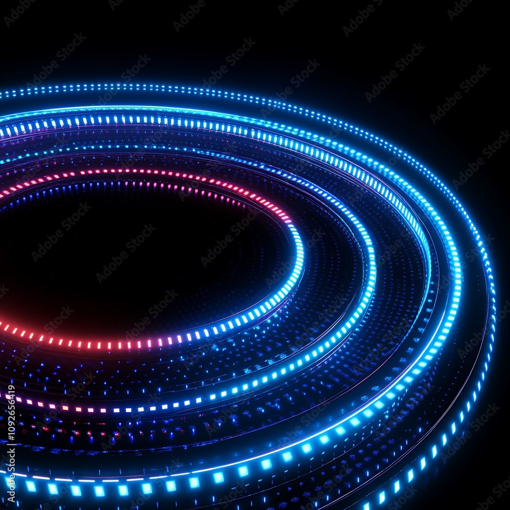 Poster abstract illustration of dynamic circular light patterns in blue and pink colors on a dark backgroun