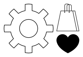 Gear icon symbolizes industry or settings, heart icon signifies love, and shopping bag icon denotes commerce. Ideal for business, relationships, e-commerce, technology, lifestyle marketing. Line