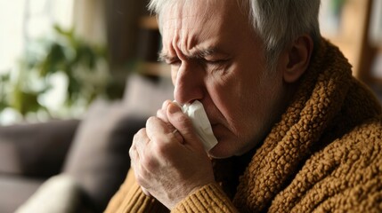 A senior man is sitting on a couch and blowing his nose with a tissue. He is wearing a brown sweater and scarf. He looks sick and tired.