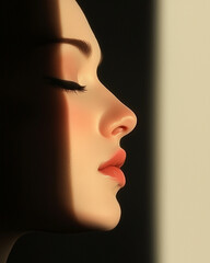 Artistic side portrait of a serene woman with flawless skin, natural makeup, and dramatic shadow play, highlighting minimalist beauty and timeless elegance.
