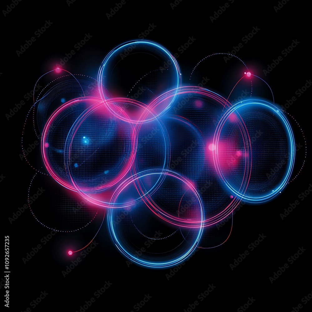 Poster abstract neon circles with bright glow on dark background representing modern digital art and vibran