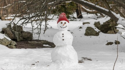 Obraz premium Cheerful snowman standing in a snowy field with a forest and mountain range in the background.