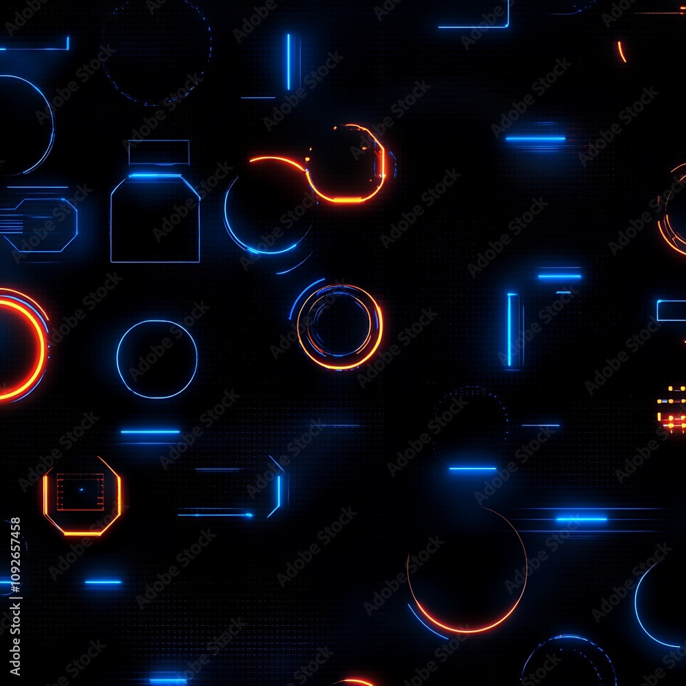 Poster abstract neon geometric shapes on a dark background, featuring vibrant blue and orange lines with va